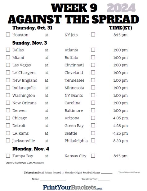 nfl point spreads week 9.